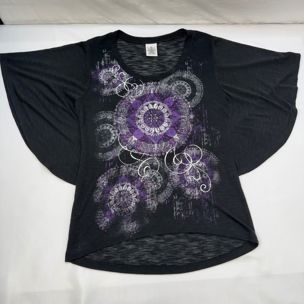VTG Ransom Y2K Star Mandala Celestial‎ Top M Black Butterfly Sleeve Whimsygoth - Picture 3 of 11